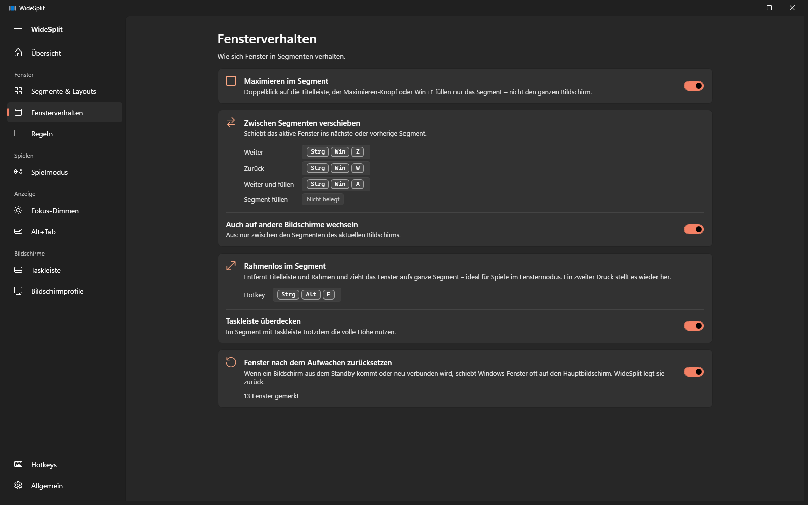 Seite Fensterverhalten mit Maximieren im Segment und Hotkeys