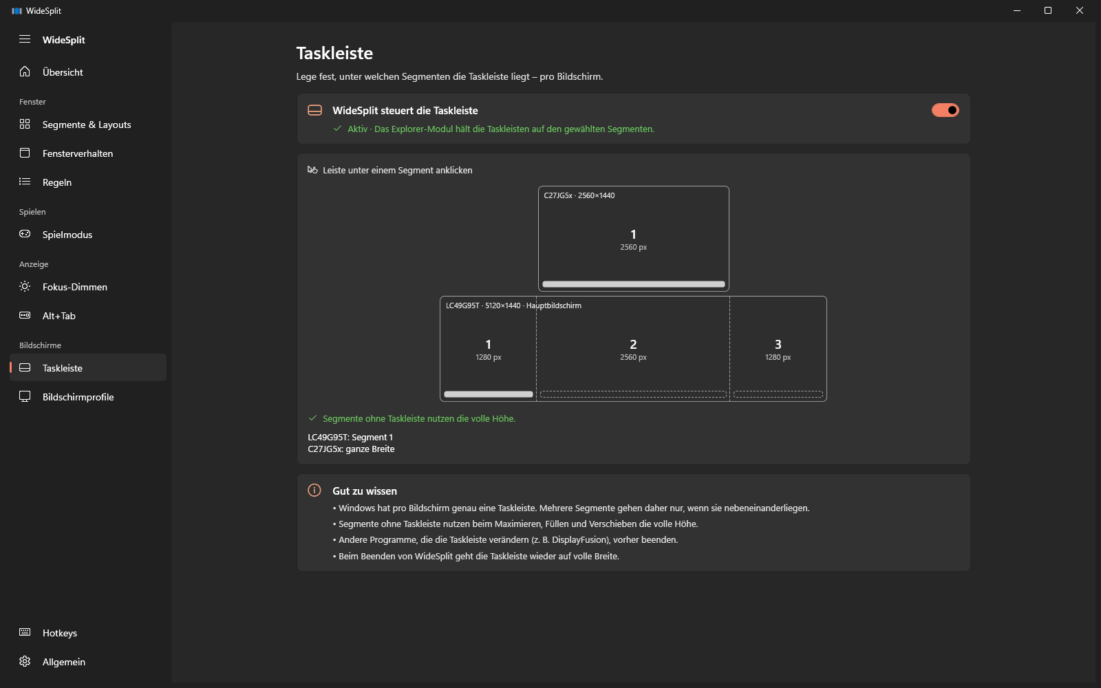 Seite Taskleiste mit Auswahl der Segmente pro Monitor