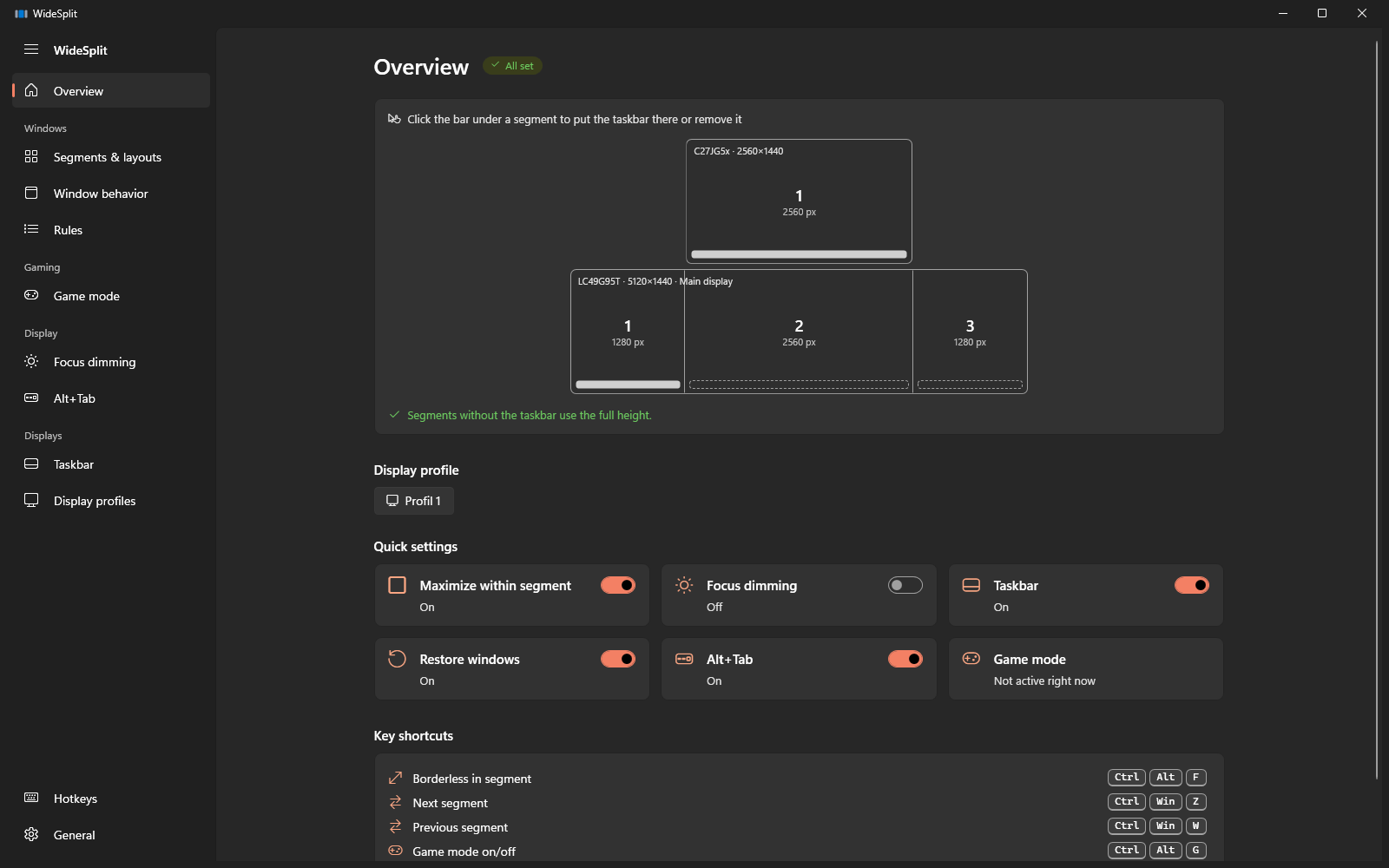 WideSplit overview with monitor map, segments and quick toggles