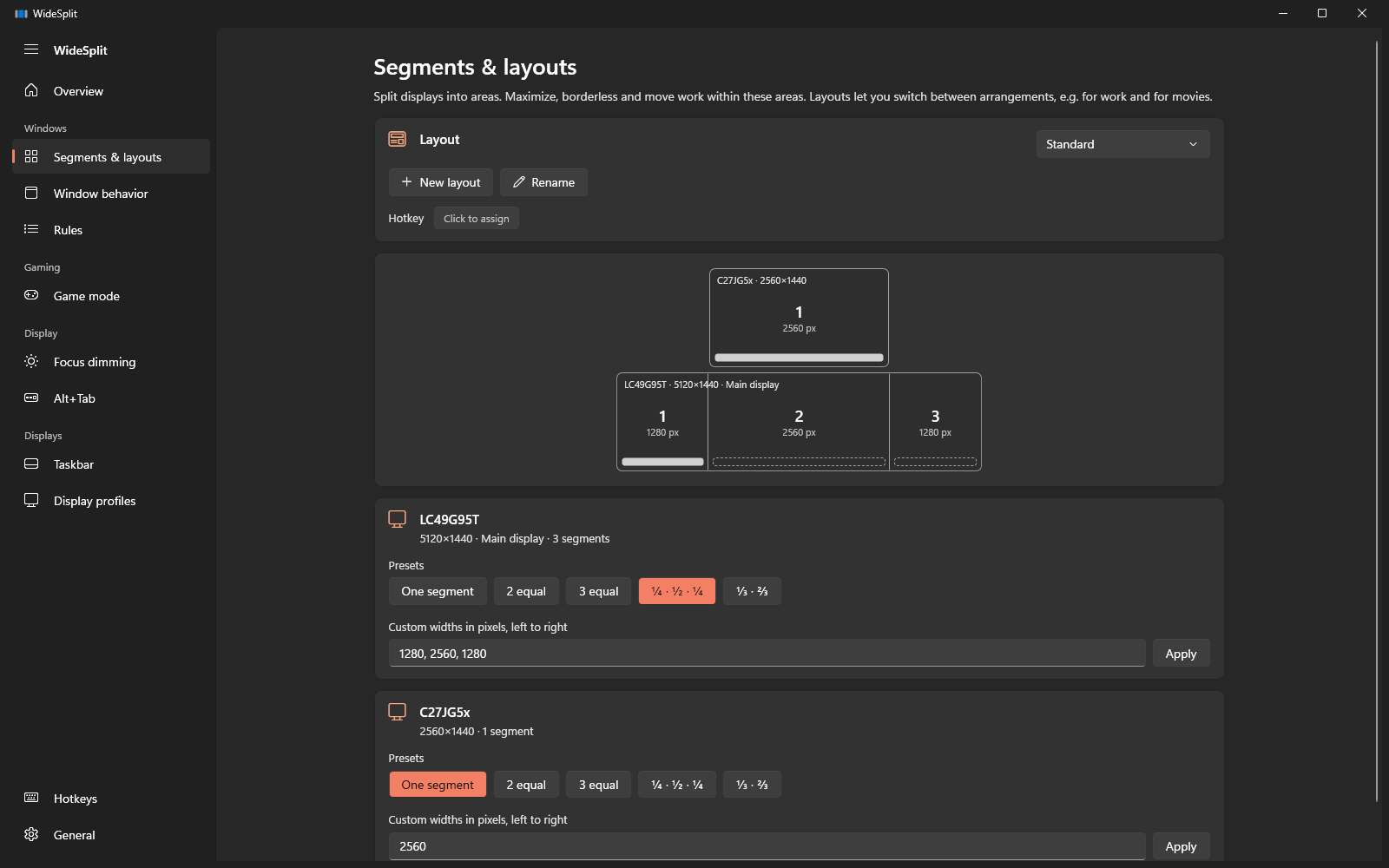 Segments and layouts page with split presets