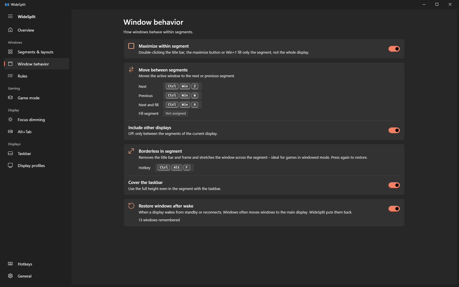 Window behavior page with maximize within a segment and hotkeys