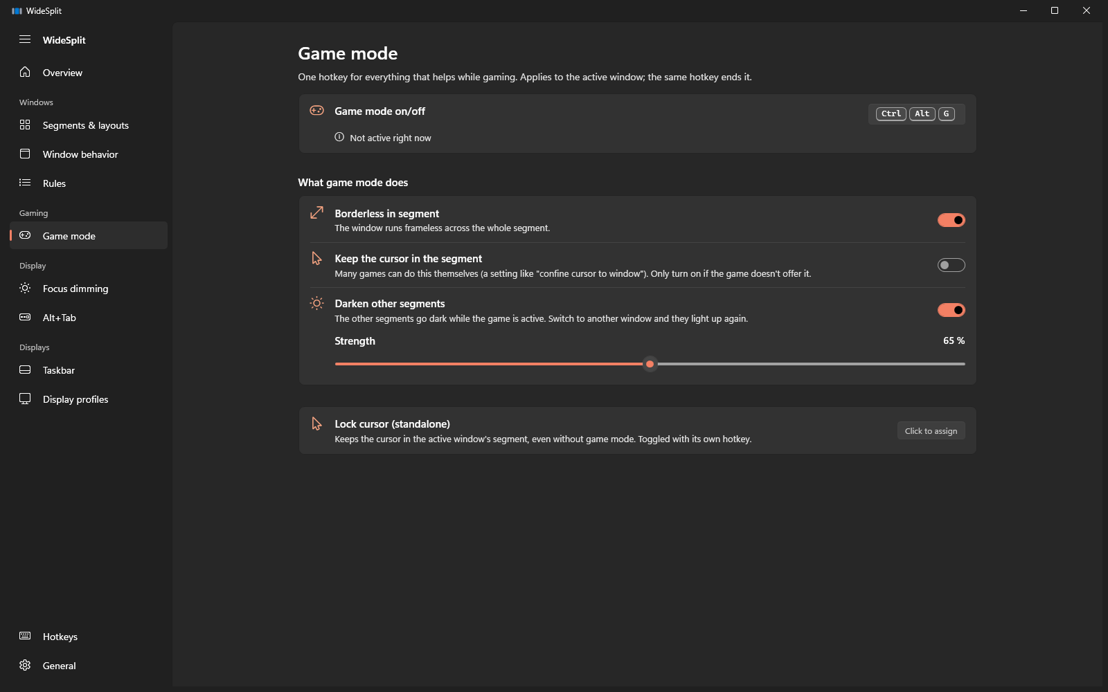 Game mode page with borderless, cursor lock and dimming