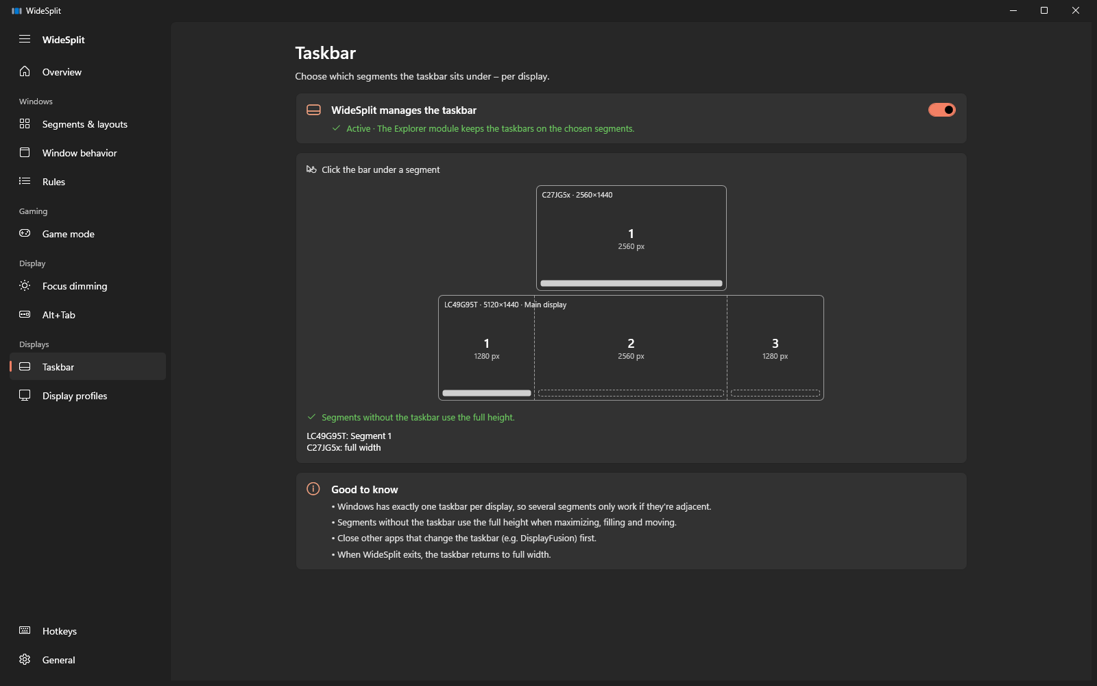 Taskbar page with segment selection per monitor